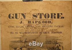 Antique J HAPGOOD GUN STORE Advertising BROADSIDE Boston HUNTING Dogs RIFLES++