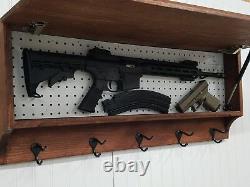 Entryway gun concealment storage safe coat rack rustic dark walnut home sweet