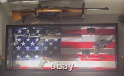 Gun Display Case 2 Rifles 1 Pistol US Flag LED Black Wood Shotgun Lock Cabinet