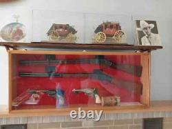 Gun Display Case 2 Rifles 1 Pistol US Flag LED Black Wood Shotgun Lock Cabinet