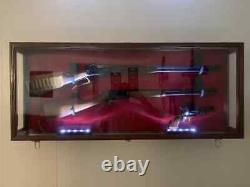 Gun Display Case 2 Rifles 1 Pistol US Flag LED Black Wood Shotgun Lock Cabinet