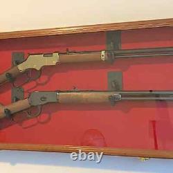 Gun Display Case 2 Rifles 1 Pistol US Flag LED Black Wood Shotgun Lock Cabinet