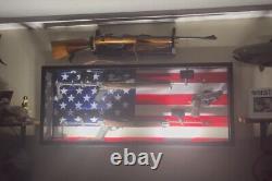 Gun Display Case 2 Rifles 1 Pistol US Flag LED Black Wood Shotgun Lock Cabinet