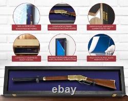 Gun Display Case 45 Rifle Black & Blue Wood Shotgun Lock USA Shadow Box Cabinet