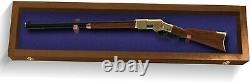 Gun Display Case 45 Rifle Walnut Blue Wood Shotgun Lock USA Shadow Box Cabinet