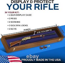 Gun Display Case 45 Rifle Walnut Blue Wood Shotgun Lock USA Shadow Box Cabinet