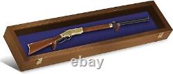 Gun Display Case 45 Rifle Walnut Blue Wood Shotgun Lock USA Shadow Box Cabinet