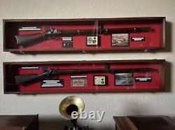 Gun Display Case Cabinet 54 Long Rifle Oak & Blue Wood Shotgun Rack Shadow Box