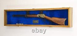 Gun Display Case Cabinet 54 Long Rifle Oak & Blue Wood Shotgun Rack Shadow Box