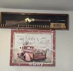 Gun Display Case Cherry & Black Wood 44 Rifle Cabinet Shotgun Holder Shadow Box