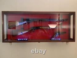 Gun Display Case Double 45 Walnut LED Light Red Cabinet Rifle Shotgun Wood Rack