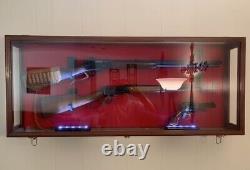 Gun Display Case Double Black LED Rifle Wood Clear View Wall Shadow Box Cabinet