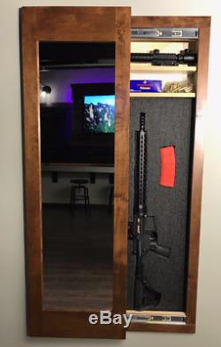 Hidden storage mirror, In-wall gun safe concealment cabinet American Walnut