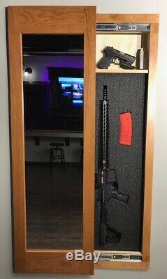 Hidden storage mirror, In-wall gun safe concealment cabinet CHERRY