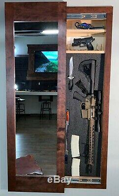 Hidden storage mirror In-wall gun safe concealment cabinet red mahogany
