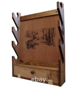 Shotgun Rifle Gun Rack Wall Mount Wood Display Wooden Deer Print Storage Pine