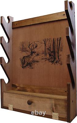 Shotgun Rifle Gun Rack Wall Mount Wood Display Wooden Deer Print Storage Pine
