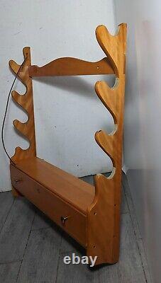 Vintage 4 Rifle Shotgun Gun Wall Mount Display Maple Wood Storage Rack w Drawer