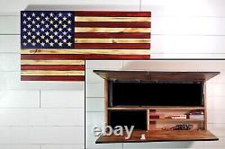 Wood American flag hidden gun storage. 3 compartment concealment flag