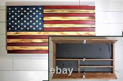 Wood American flag hidden gun storage with pegboard. 3 compartment concealment