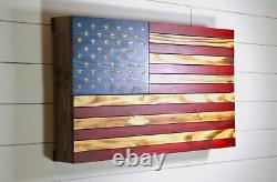 Wood American flag hidden gun storage with pegboard. 3 compartment concealment